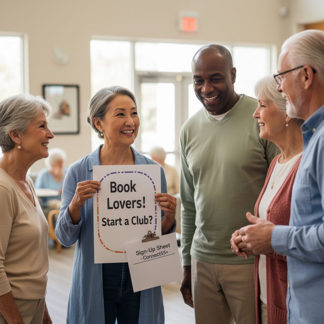 A smiling senior woman holds a sign that reads "Book Lovers! Start a Club? Sign-Up Sheet - Connect55+" while talking enthusiastically with a diverse group of other seniors in a bright community space, gauging interest for a new book club