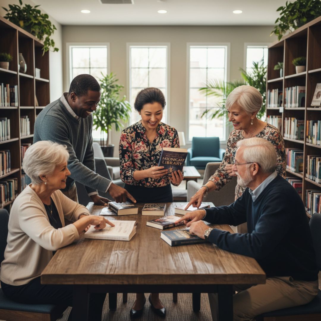 A diverse group of smiling seniors gathered around a table in a bright library setting, enthusiastically discussing and pointing at various book titles, with one woman holding up "The Midnight Library"