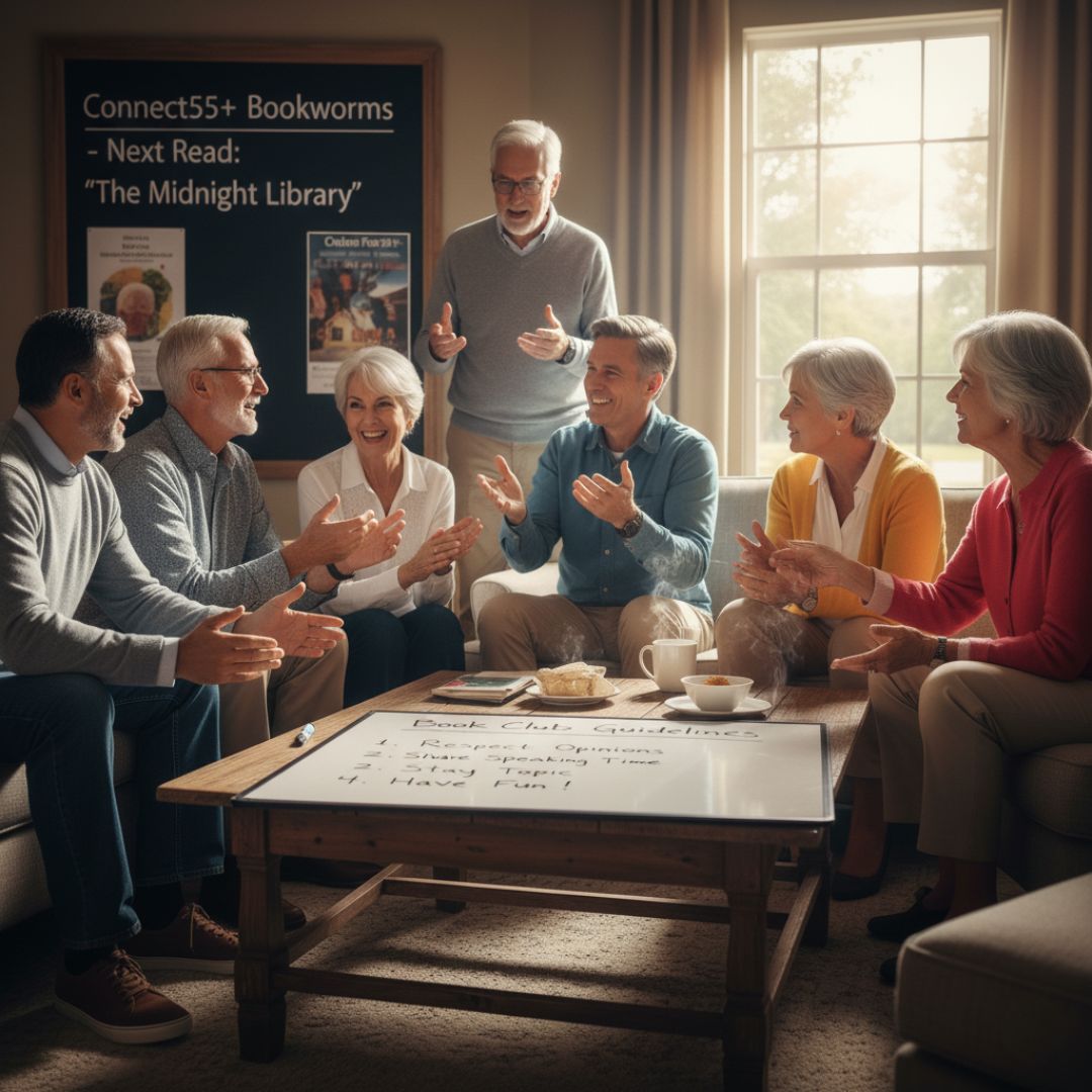 A diverse group of joyful seniors at a book club meeting, clapping and laughing around a coffee table