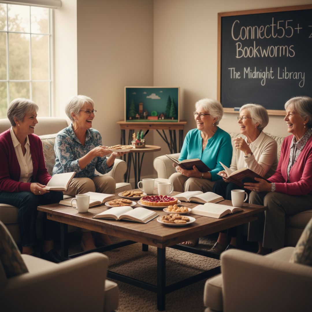 seniors gathered for book club with snacks on the coffee table