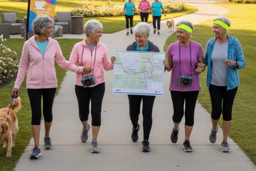 A group of five active senior women, dressed in athletic wear, walk together along a paved path in front of a modern senior living community building