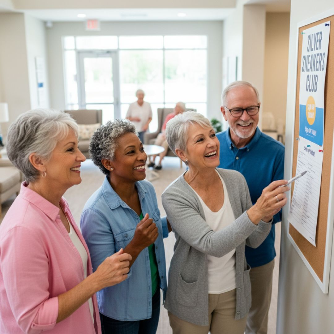 seniors gathered around a bulletin board that displays a flyer for a walking club
