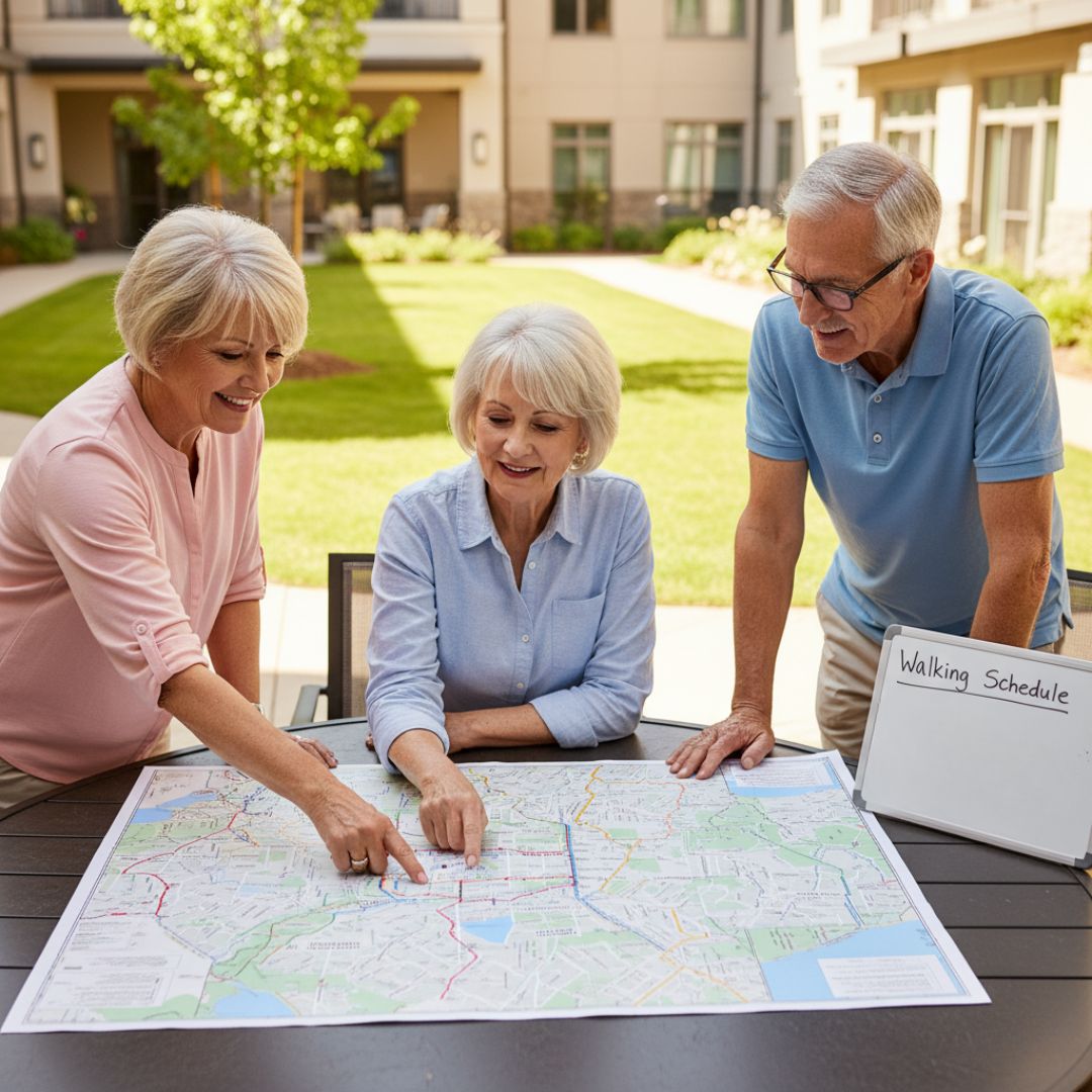 seniors planning a walking route with a map