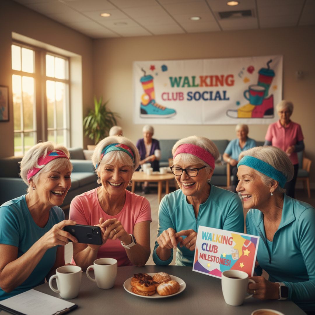 seniors happily enjoying a walking club social gathering celebrating a milestone