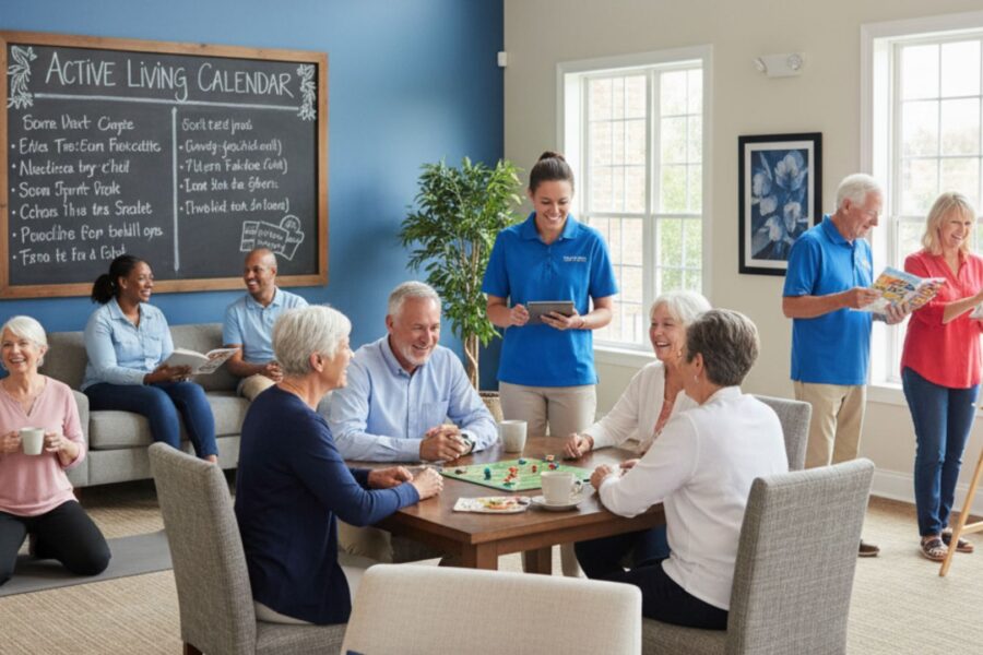 seniors sitting in a lounge area doing various activities