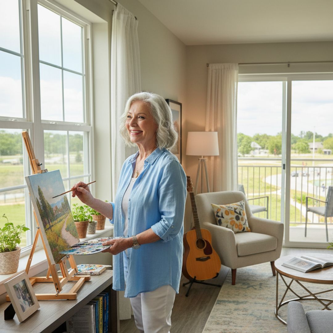 A smiling senior woman paints on an easel near a large window in a bright, modern apartment