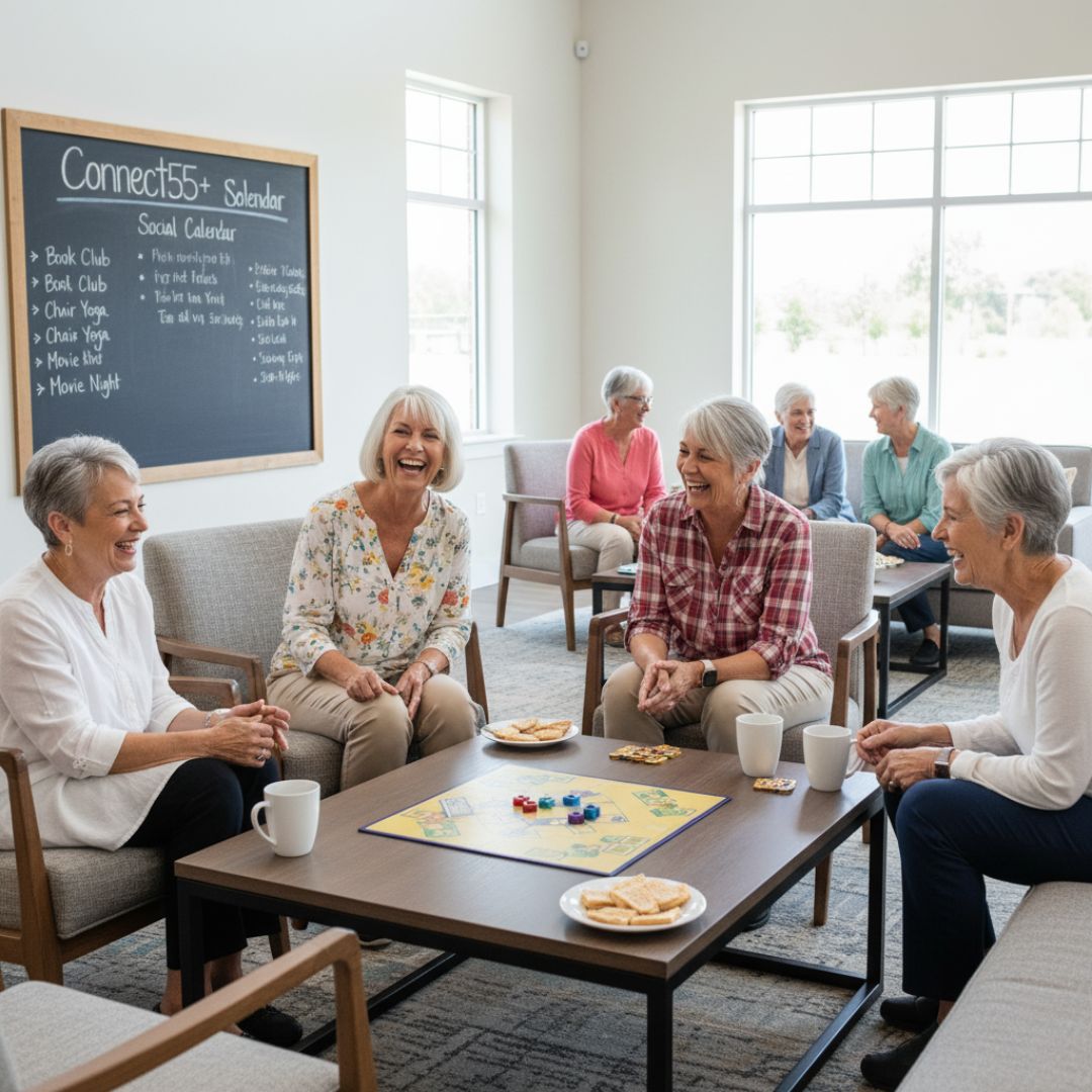 seniors sitting in a lounge area playing a board game