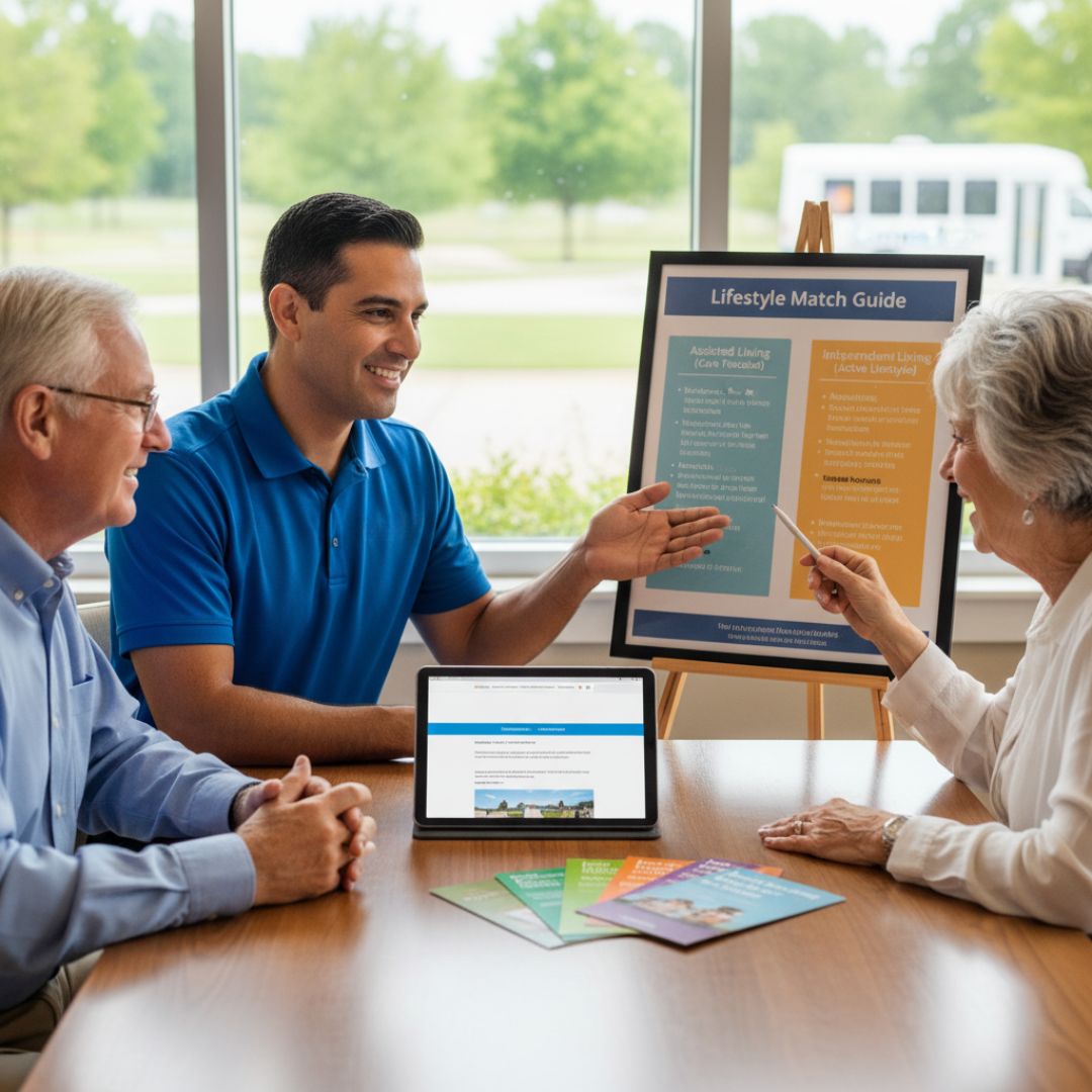 a staff member of an active senior living community helping prospective residents decide which lifestyle suits them