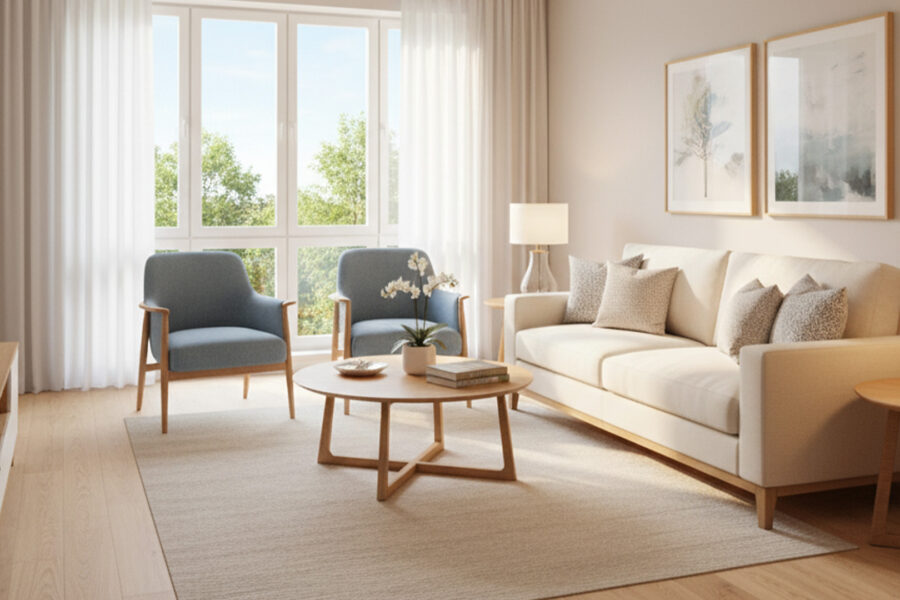 A spacious, sunlit living room in a modern senior apartment with comfortable, well-scaled furniture