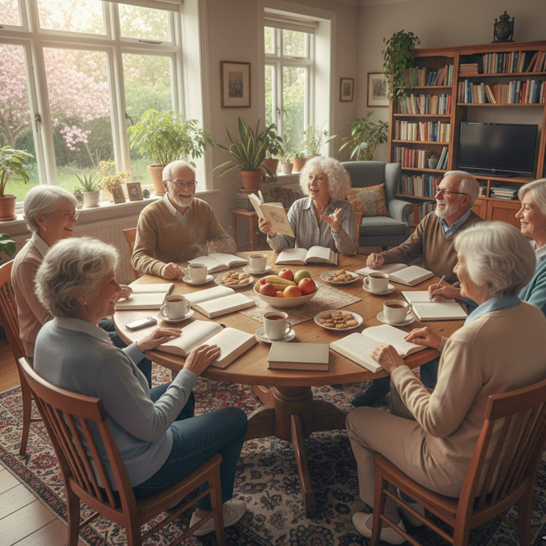seniors that are engaged in a stimulating book club discussion in a bright room, smiling and enjoying a good time