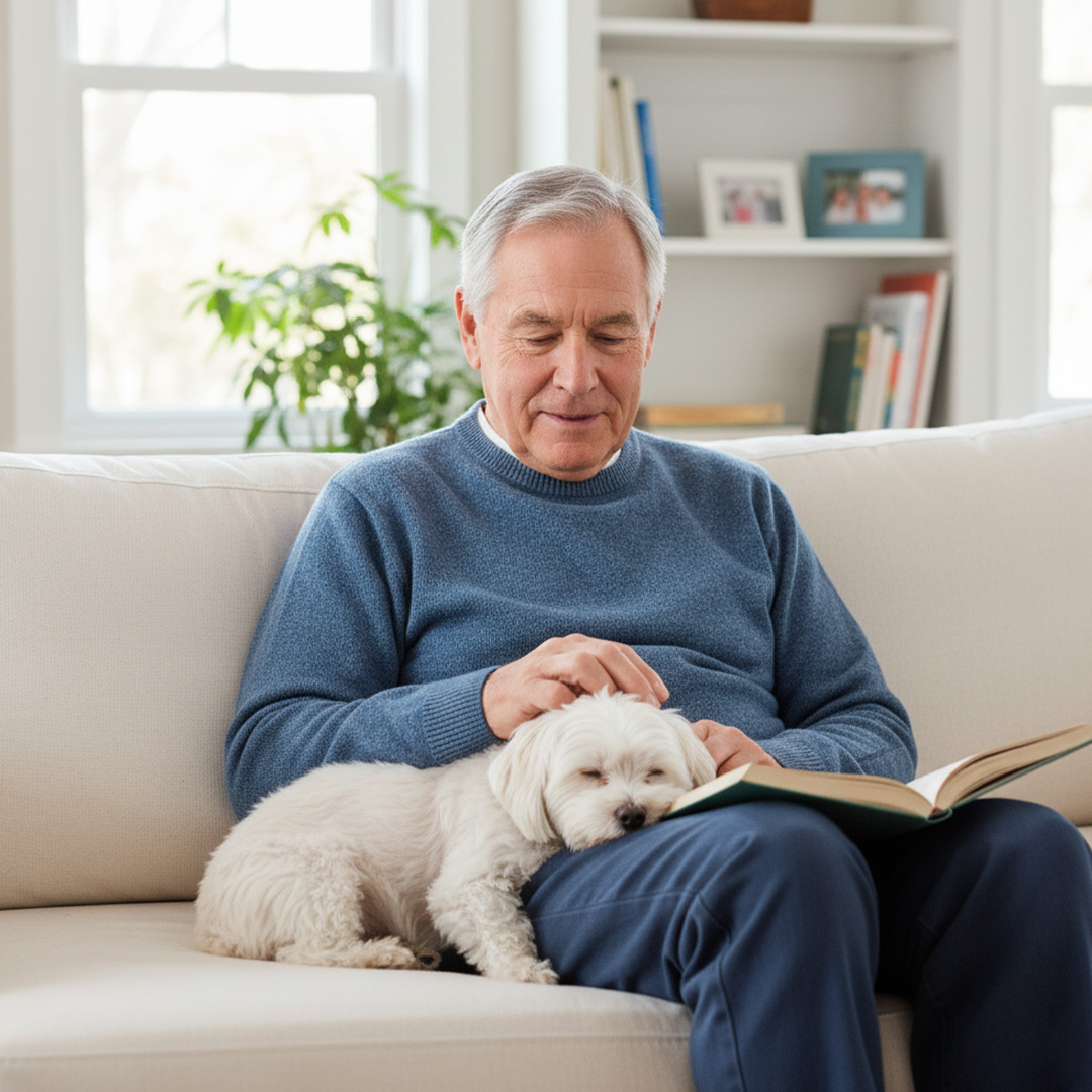 A calm senior man gently pets a small white dog sleeping peacefully on his lap while reading a book on a comfortable sofa.