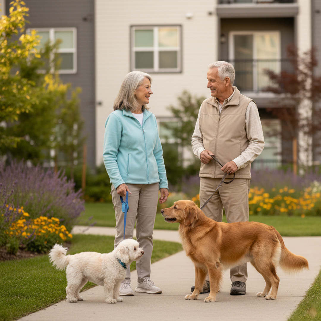 An elderly couple happily converse while walking their two dogs on leashes near a modern apartment building.