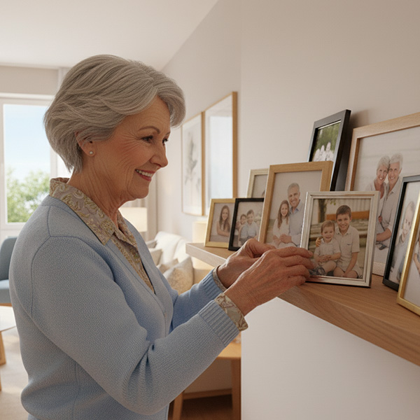 A happy senior woman carefully places framed photos on a wooden shelf in her apartment.