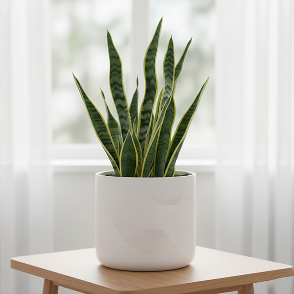 A healthy, upright snake plant sits in a modern ceramic planter on a wooden side table.