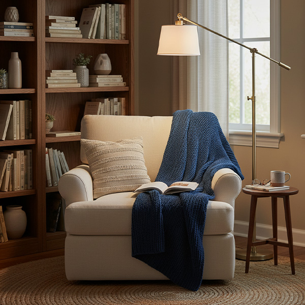A reading corner features a plush chair and a tall, bright floor lamp for focused illumination.