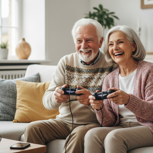 Elderly man and woman smiling while playing video games on a couch