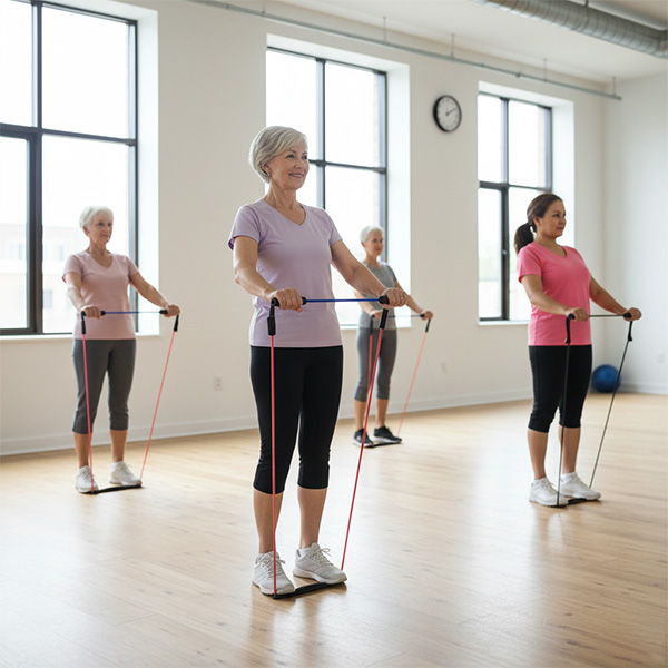 Seniors participate in a resistance band workout class in a spacious, bright fitness studio.