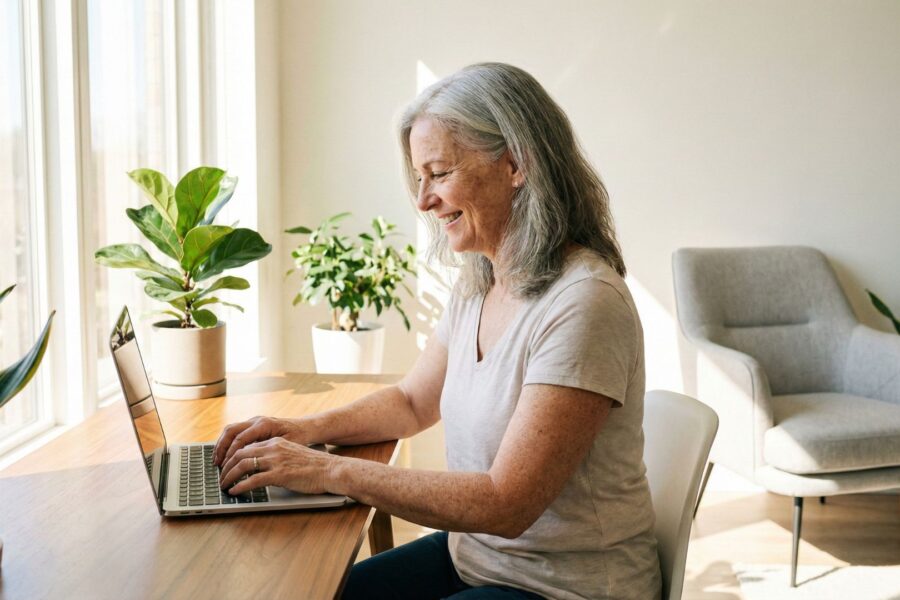 A senior person works at a desk placed by a large window in a bright apartment.