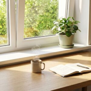 A desk with a coffee mug and notebook positioned next to a sunlit window.