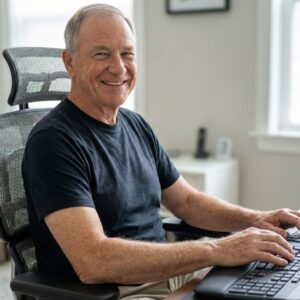 An older adult sits comfortably with good posture in an ergonomic desk chair.