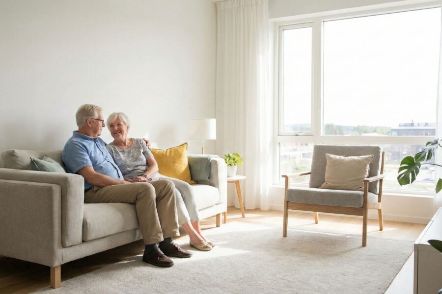 A senior couple relaxing in a sunlit, minimalist apartment living room with comfortable, uncluttered seating.