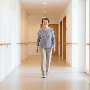 A senior woman walks confidently through a clean, modern apartment hallway equipped with safety handrails.