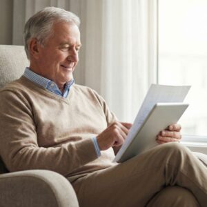 A senior man sits in an armchair by a window, happily reviewing documents and a tablet.