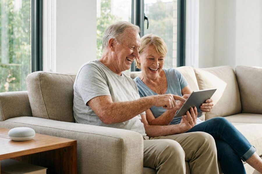 Two adults happily sharing a tablet device in a bright living room.