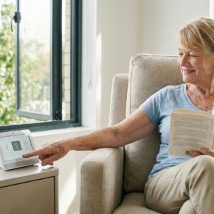 An adult relaxing in a chair and adjusting a smart home device on a side table.