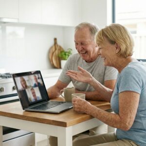 Two adults laughing while video chatting on a laptop in a kitchen.
