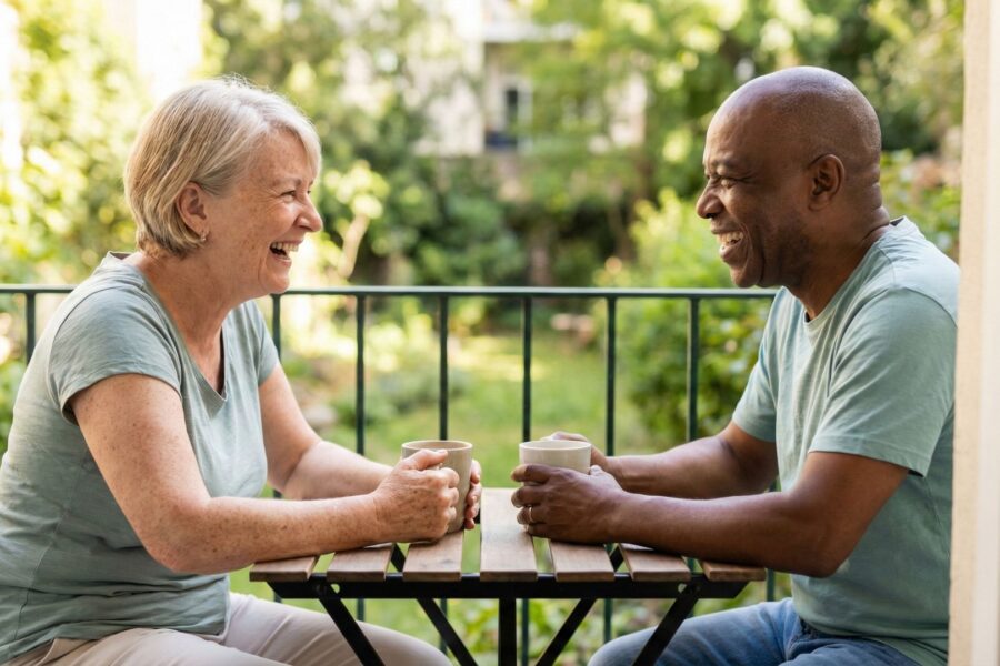 Two people enjoying coffee and laughing on a sunny balcony overlooking a garden.