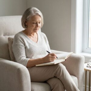 A person sitting in a comfortable chair by a window writing in a journal.