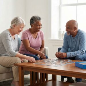 Three friends smiling while working on a puzzle together at a table.