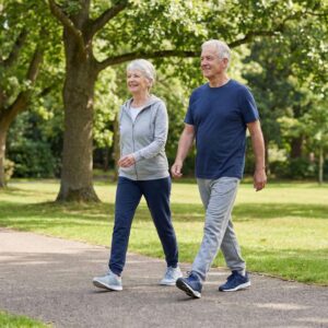 Two people walking together on an outdoor path on a sunny day.