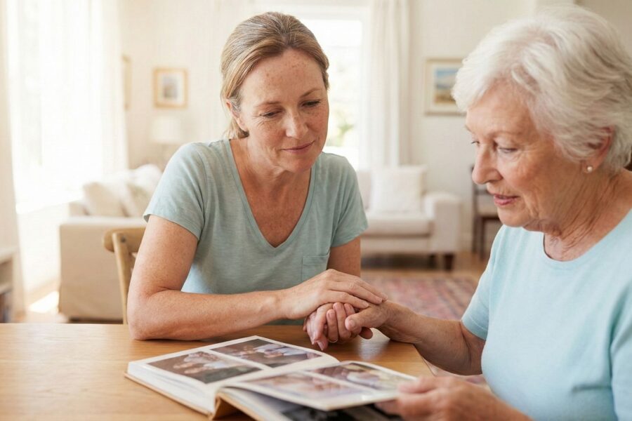 Two people holding hands and looking at an open photo album together.