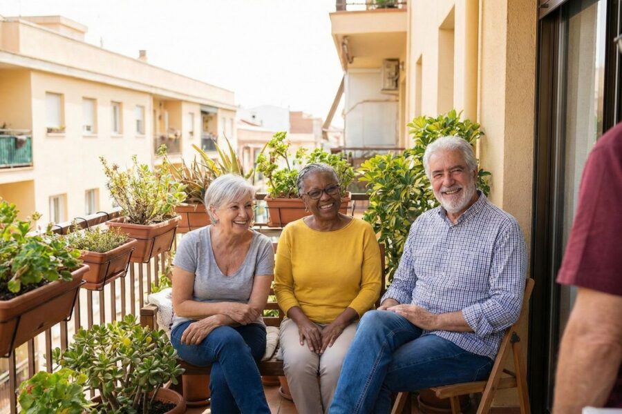 Diverse older adults smiling on a sunny apartment balcony filled with potted plants.