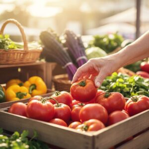 Choosing fresh, seasonal produce at a local Omaha farmers' market to support a healthy lifestyle.