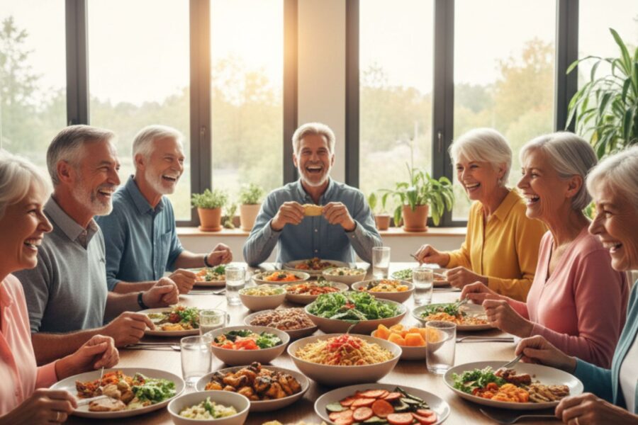 A group of neighbors enjoys a festive and social communal dinner in the Omaha community clubhouse