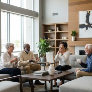 A welcoming group of residents enjoys a social gathering in the community clubhouse.