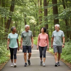 Friends stay active together while walking along a scenic, sun-drenched neighborhood path.