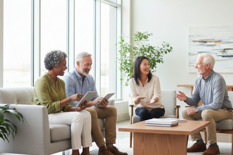Residents at Connect55+ Manchester stay connected and engaged in a modern, tech-friendly community lounge.
