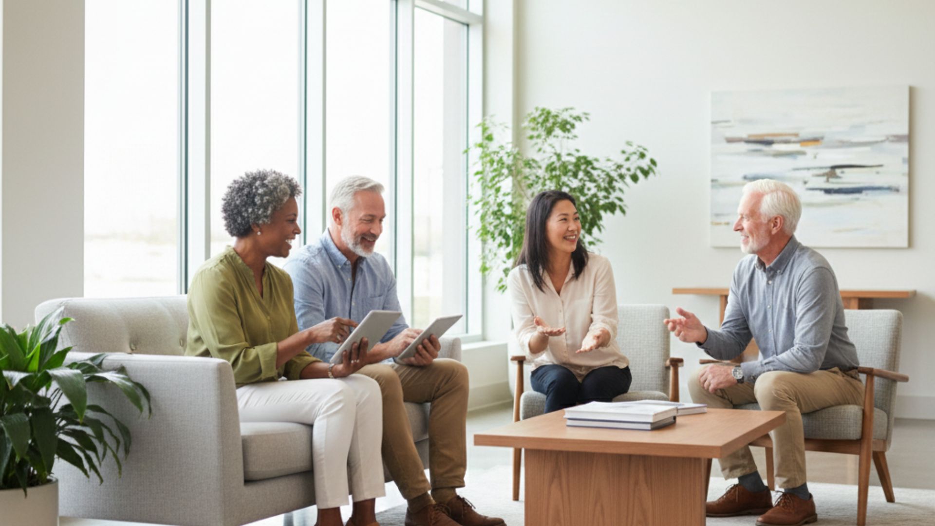 Residents at Connect55+ Manchester stay connected and engaged in a modern, tech-friendly community lounge.
