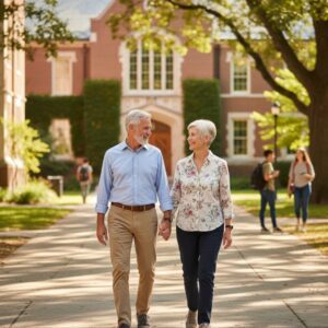 A couple enjoys the beautiful grounds and educational atmosphere of a local Ankeny college campus.