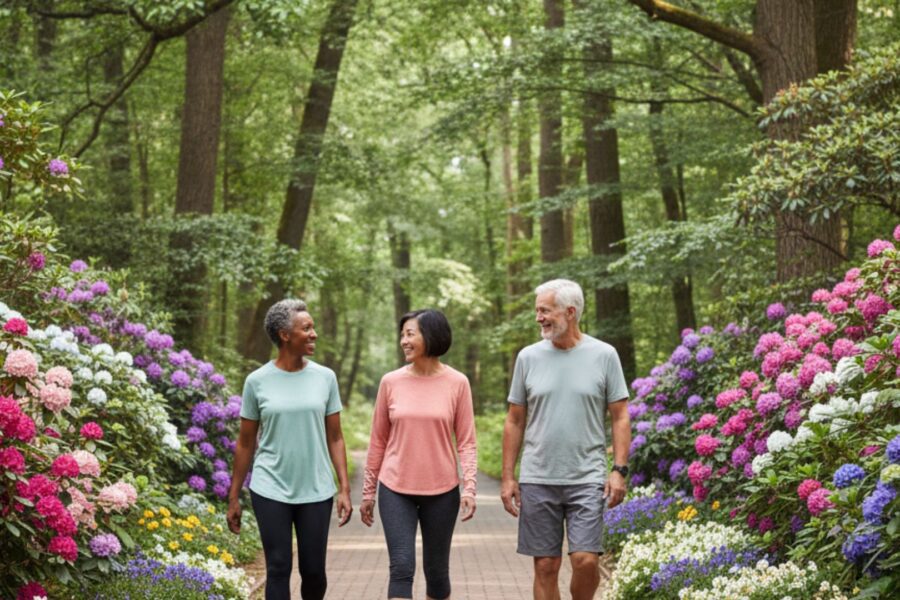 group of friends enjoying a peaceful walk through a scenic botanical garden in Indianola.