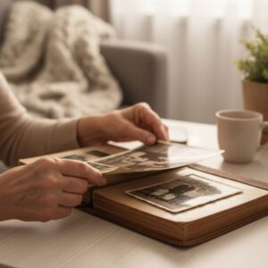 A resident preserves family history and legacy while looking through a cherished photo album.