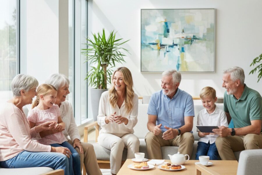 A heartwarming scene of residents connecting with younger family members in a bright, modern community space.